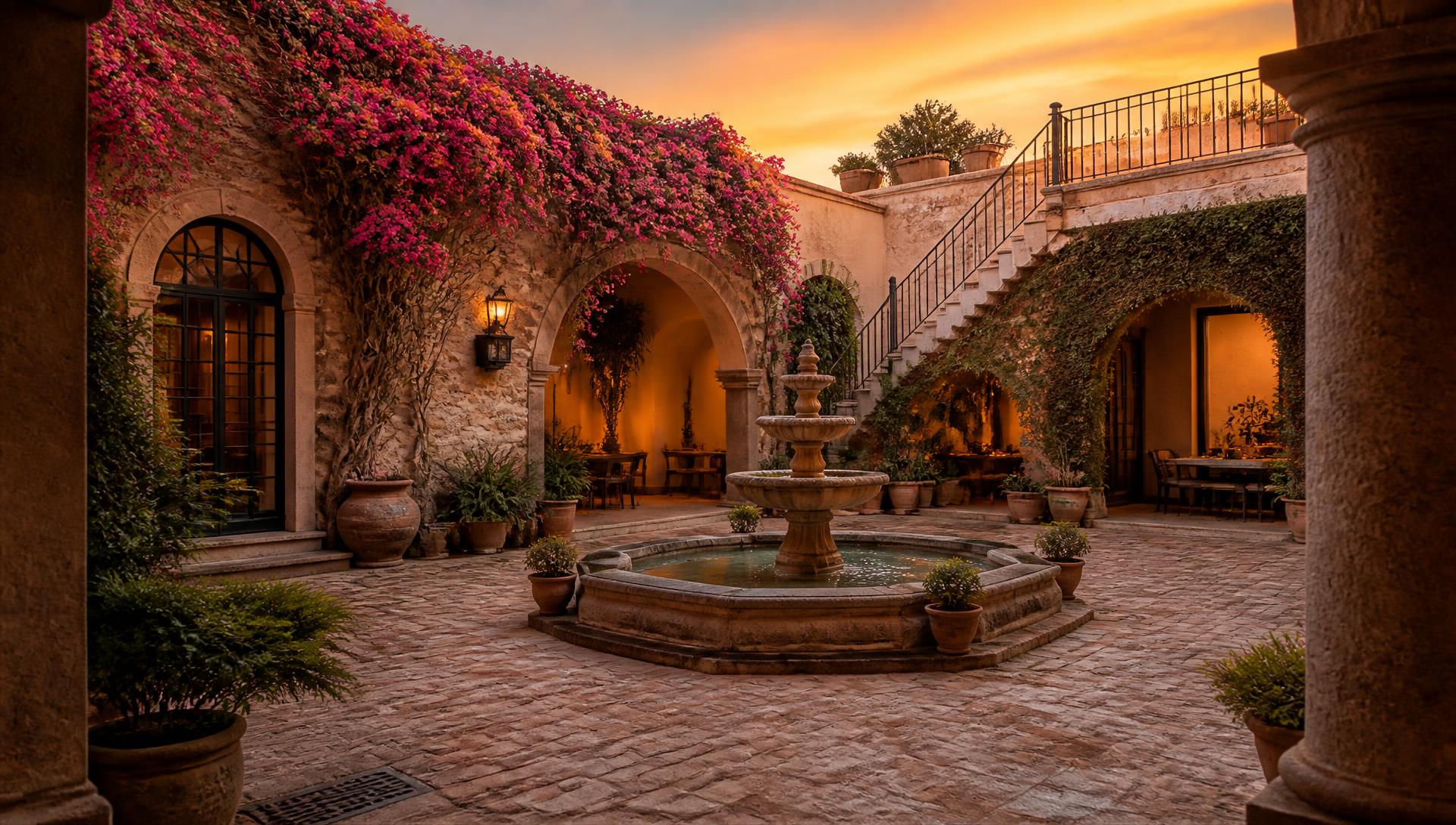 Colonial courtyard with a fountain and bougainvillea in San Miguel de Allende